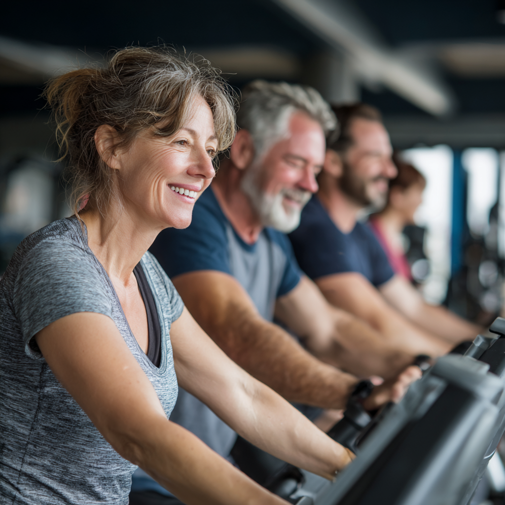 Middle-aged adults participating in diverse fitness activities